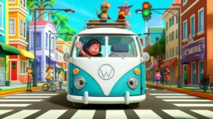 História Infantil: Uma Kombi azul e branca sorridente e um menino acenando enquanto um João-de-Barro os guia, aprendendo sobre as Leis de Trânsito na cidade. O título da história é A Kombi Aventureira e a Cidade Segura.