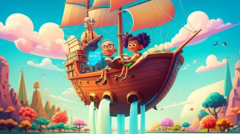 História Infantil A Biblioteca Flutuante de Olavo e o Tesouro das Palavras Esquecidas, ilustrando uma menina, um senhor e uma criatura brilhante em um barco voador repleto de livros, flutuando entre nuvens.