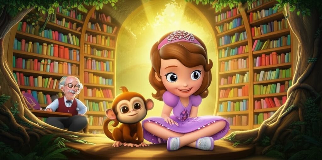 História Infantil sobre Leitura: Sofia, uma menina curiosa, e seu amigo macaco-prego Pipoca descobrem a Árvore-Biblioteca, um lugar especial de livros que brilham, em uma história que celebra a importância de ler.
