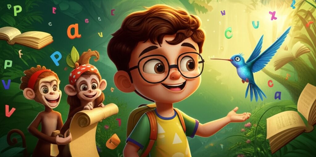 História Infantil sobre letras: Imagem ilustrativa de Guilherme, Pisco e Dona Silvana na Floresta das Palavras, procurando as vogais, destacando a aventura e a importância das letras.