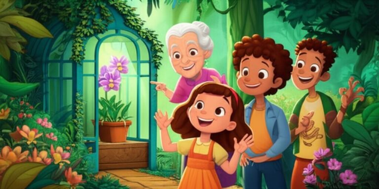 História Infantil sobre linguagem de sinais, imagem da menina Nina, o menino Pedro e Dona Clarice usando a linguagem de sinais para proteger a Orquídea do Silêncio em um parque botânico.