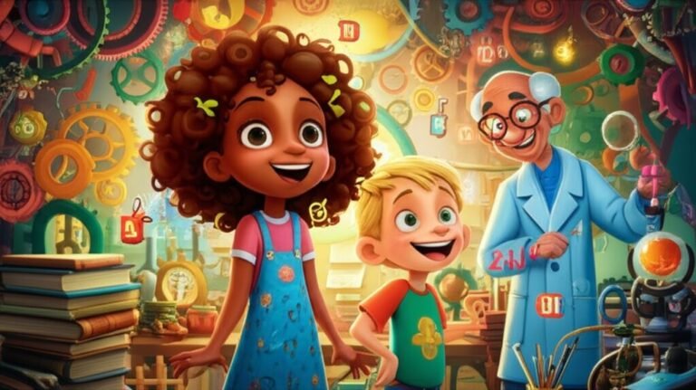 História Infantil sobre linguagem e palavras: O Ateliê Sonoro das Palavras. Imagem ilustrativa de duas crianças, Lia e Caio, explorando um ateliê vibrante e criativo, cheio de máquinas e livros, com um professor sorridente. A imagem representa a aventura da descoberta da linguagem.