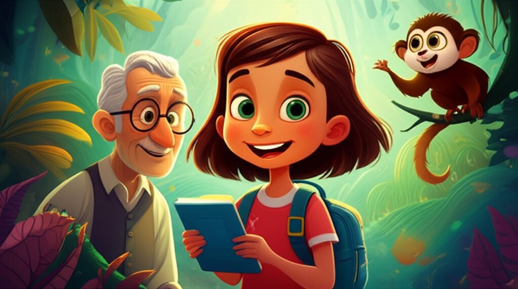 História Infantil sobre Linguagem e Palavras: Ilustração vibrante de uma menina curiosa, um sagui expressivo e um inventor gentil em uma floresta cheia de sons, representando a exploração da comunicação na História Infantil 'O Segredo da Floresta Sussurrante'.