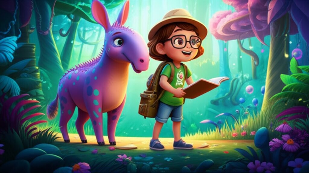 História Infantil sobre linguagem e palavras: ilustração de Lia, Professor Bento e Tupi na Floresta das Cores e Sons, um cenário vibrante de aventura.