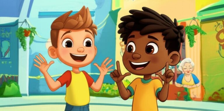 História Infantil: Ilustração alegre de Lírio e Nino, amigos, se comunicando com a linguagem de sinais, ao lado de Dona Cotovia, no colorido Centro Comunitário das Cores Vivas.
