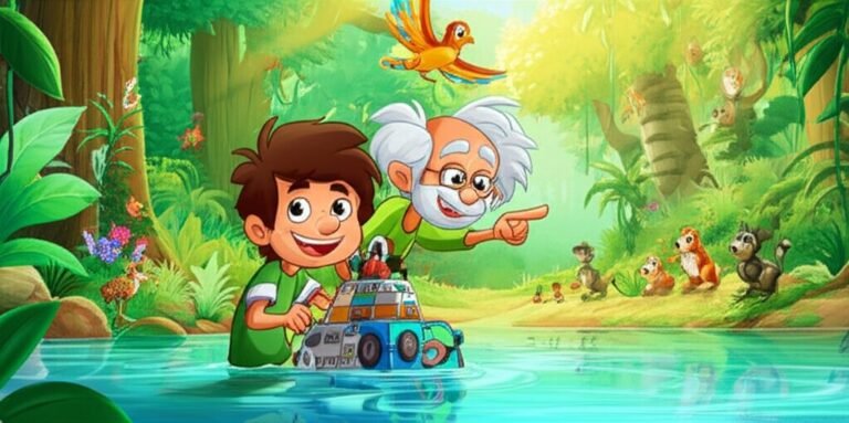 História Infantil: Juca, o Professor Astolfo e a maritaca Flora ao lado do Recicla-Flutuador em um rio limpo, celebrando a reciclagem e a aventura de cuidar da natureza.