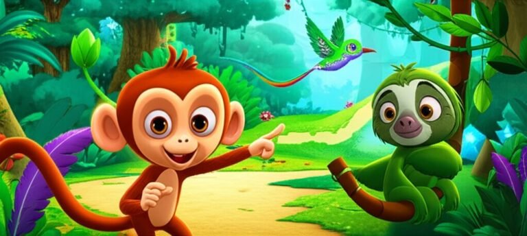 História Infantil: Caco, um macaco-prego, a preguiça Lila e o beija-flor Binho em uma floresta tropical exuberante, com flores brilhantes ao fundo, simbolizando a aventura da história.