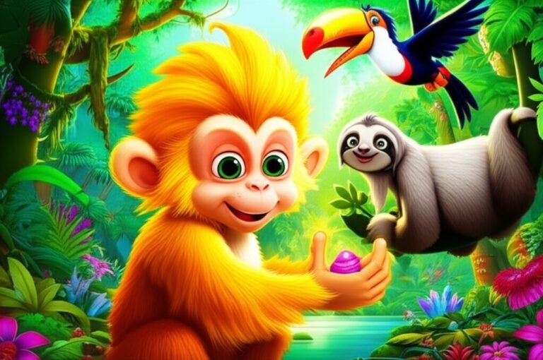 História Infantil sobre Macaco Juca e seus amigos Sofia e Cacau na Floresta do Arco-Íris, explorando uma semente misteriosa em uma aventura de amizade e descoberta.