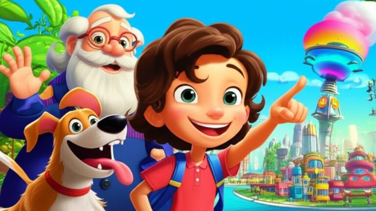 História Infantil sobre nome próprio: Mariana, a menina, e sua cachorrinha Pipoca, ao lado do Professor Astolfo, em frente à máquina Nomemória em uma cidade futurista.