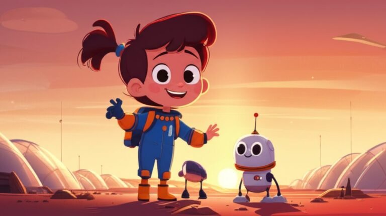 História Infantil: Ilustração de Luna e o Robô Curioso explorando a superfície de Marte, com sua base espacial ao fundo. A imagem transmite a aventura e a amizade dos personagens no planeta vermelho.