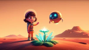 Uma História Infantil sobre Marte mostrando a menina Luna e seu robô Astro explorando a superfície rochosa e alaranjada de Marte, com uma planta bioluminescente, no estilo de animação infantil.