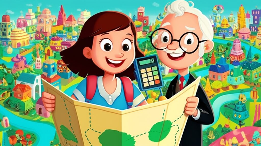 História Infantil sobre a matemática: Imagem de Nina, Professor Sabichão e Robô Quiquito explorando a fantástica Numeralândia, uma cidade cheia de desafios matemáticos.