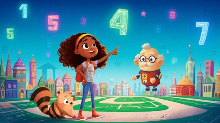 História Infantil sobre a matemática: Ilustração de Isabela, um robô e um tamanduá-bandeira na futurista Cidade da Lógica, com números flutuantes ao redor, representando a aventura dos Números Flutuantes.