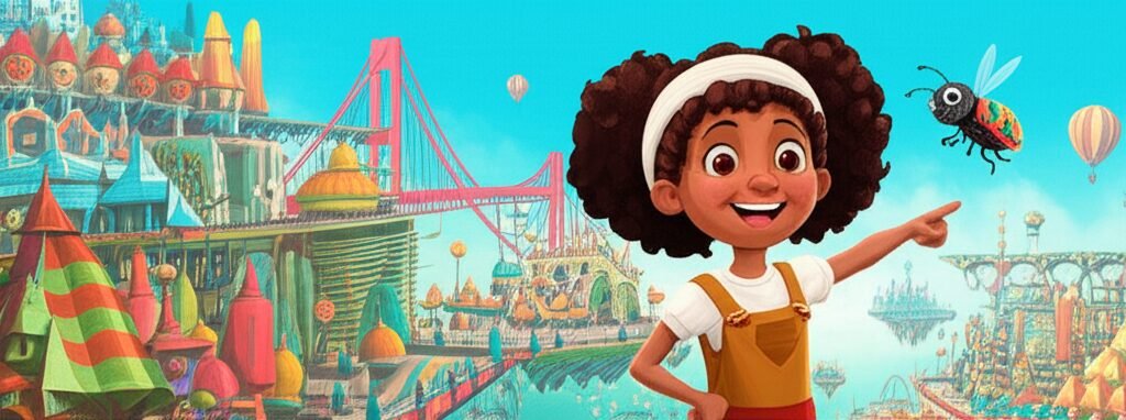 Uma ilustração colorida da História Infantil sobre a Matemática: O Segredo da Ponte Quântica de Quantúria, com a personagem Isadora e o besouro Calculino investigando uma ponte geométrica em uma cidade flutuante.