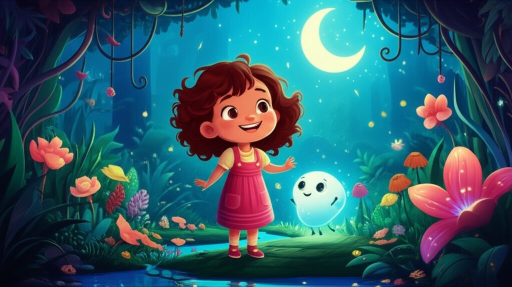 Uma imagem vibrante de animação infantil da História Infantil O Brilho Secreto da Floresta da Lua, com a menina Isabela e o fungo luminoso Lumi em uma floresta noturna cheia de luzes e belezas escondidas, ilustrando a superação do medo do escuro.