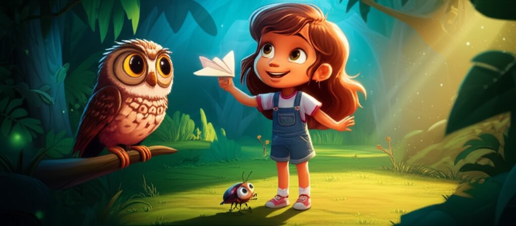 História Infantil O Brilho Escondido da Floresta Noturna. Imagem de Lila, Coruja Olívio e Besouro Brilho, explorando uma floresta noturna iluminada pela lua, superando o medo do escuro.