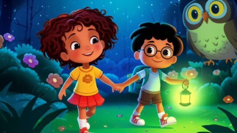 História Infantil: Uma menina e um vaga-lume com uma lanterna especial observam estrelas na noite, ilustrando a superação do medo do escuro e a descoberta da imaginação. Título: O Segredo da Lanterna Curiosa.