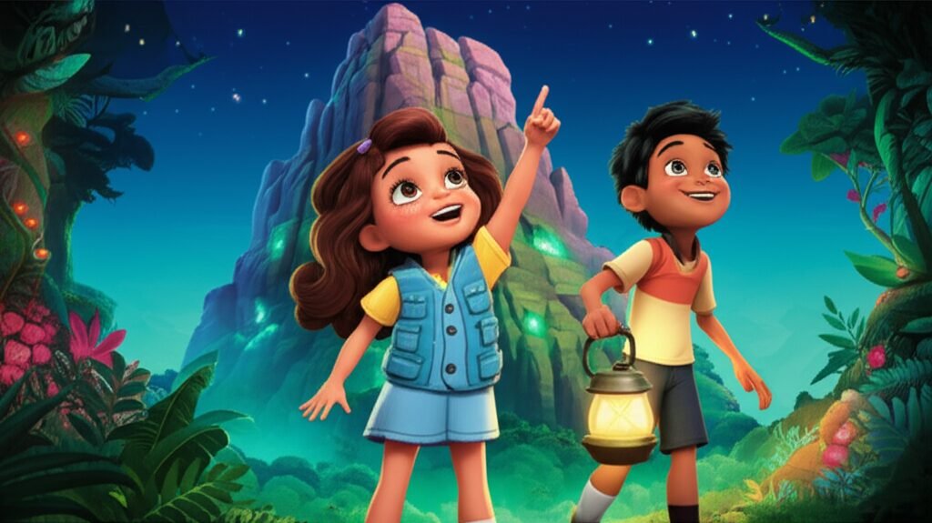 História Infantil: Uma ilustração de Clara e Joca explorando a Floresta Sonora à noite, com a Montanha do Sussurro ao fundo, iluminada por orquídeas bioluminescentes, representando a superação do medo.