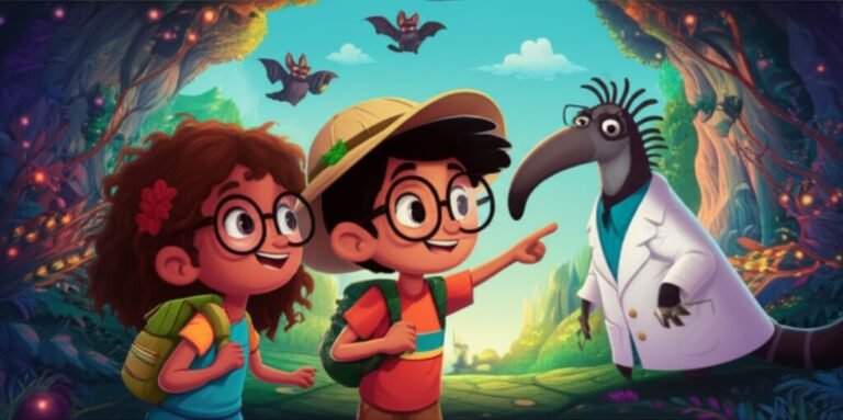Ilustração da História Infantil sobre Medo: O Mistério da Floresta Cintilante, mostrando Caio, Luna e o Professor Sabichão explorando uma caverna na Floresta Cintilante.