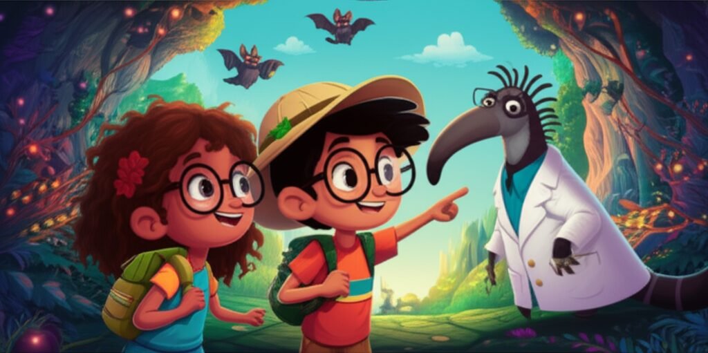 Ilustração da História Infantil sobre Medo: O Mistério da Floresta Cintilante, mostrando Caio, Luna e o Professor Sabichão explorando uma caverna na Floresta Cintilante.