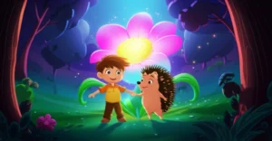 História Infantil O Sumiço da Flor Cintilante, com um menino e um ouriço no Vale Escondido à noite, iluminados por uma flor cintilante, representando a superação do medo.