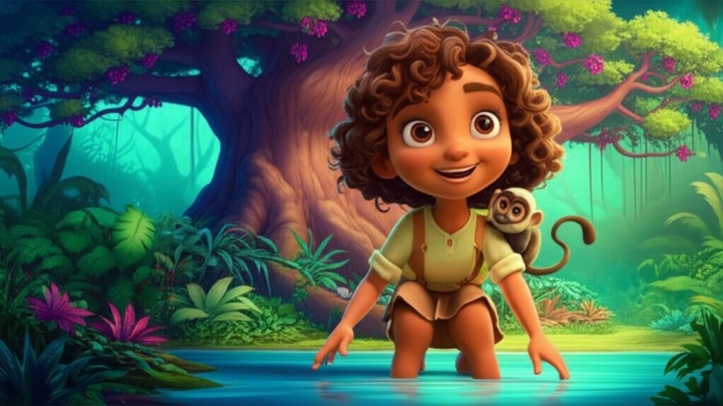 História Infantil: Ilustração vibrante de Clara, a menina aventureira, com o sagui Pipoca e a majestosa Jabuticabeira Dona Jabu, em uma floresta cintilante, simbolizando a preservação do meio ambiente.