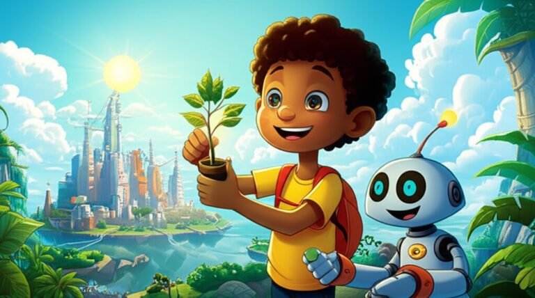 História Infantil sobre Meio Ambiente: Imagem de Ailton e Robô Flix trabalhando para revitalizar as árvores-luz na Cidade Suspensa, simbolizando a importância da sustentabilidade e o cuidado com o planeta.