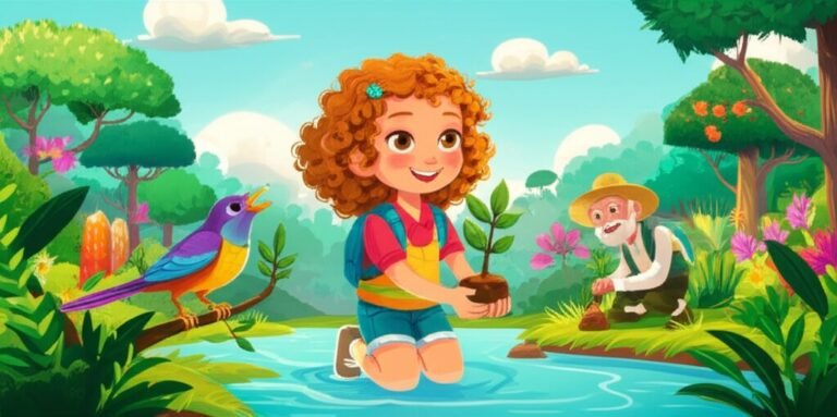 História Infantil sobre o meio ambiente: Ilustração de uma menina plantando uma árvore com um sabiá e um professor, simbolizando o cuidado com a natureza.