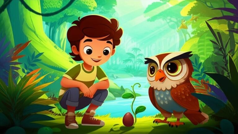 História Infantil sobre Meio Ambiente: Bento, a semente Florinda e a coruja Jaci em uma floresta exuberante, simbolizando o cuidado com a natureza.