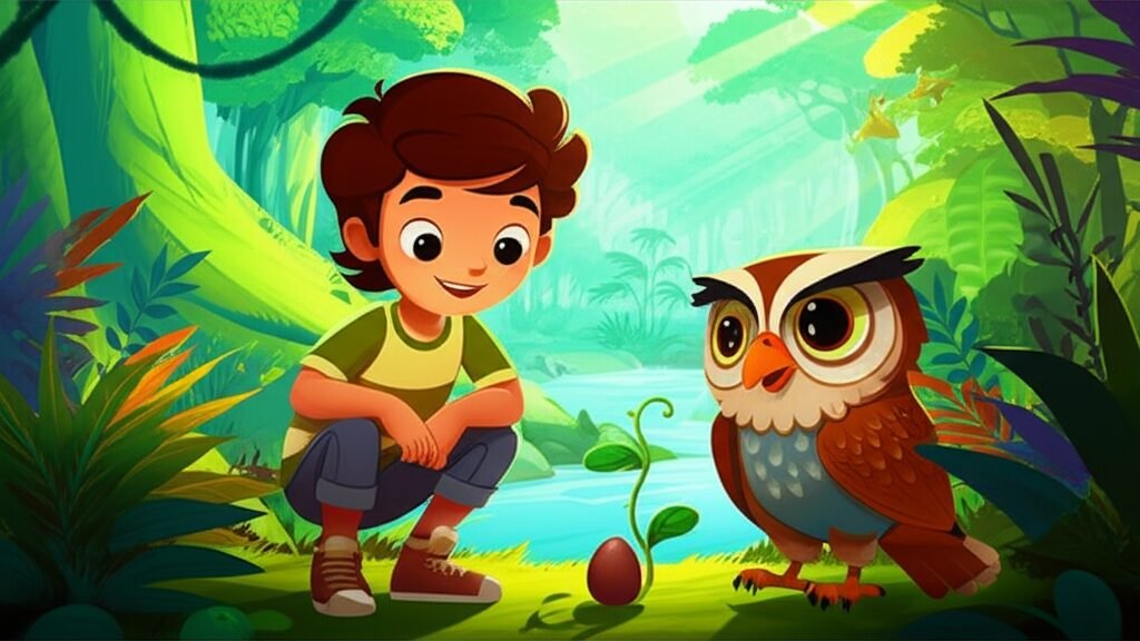 História Infantil sobre Meio Ambiente: Bento, a semente Florinda e a coruja Jaci em uma floresta exuberante, simbolizando o cuidado com a natureza.