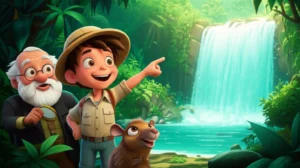 História Infantil sobre o meio ambiente, mostrando Léo, Dona Cotia e Professor Olavo celebrando a recuperação da Cachoeira Sussurrante em uma floresta exuberante. A imagem representa o triunfo do trabalho em equipe e o cuidado com a natureza.