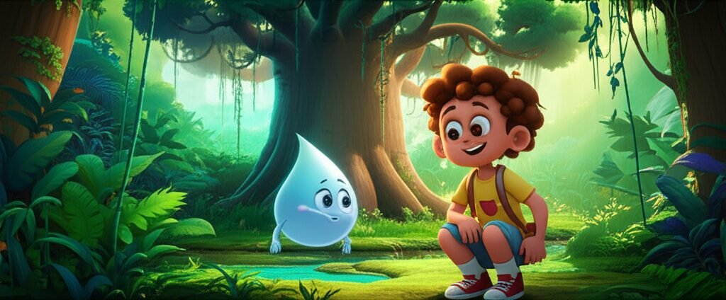 História Infantil. Uma ilustração colorida de Guto, a gotinha de orvalho, observando Joãozinho, um menino pensativo, próximo a um imponente Seu Jequitibá, uma árvore antiga, em uma floresta verdejante e cheia de vida.