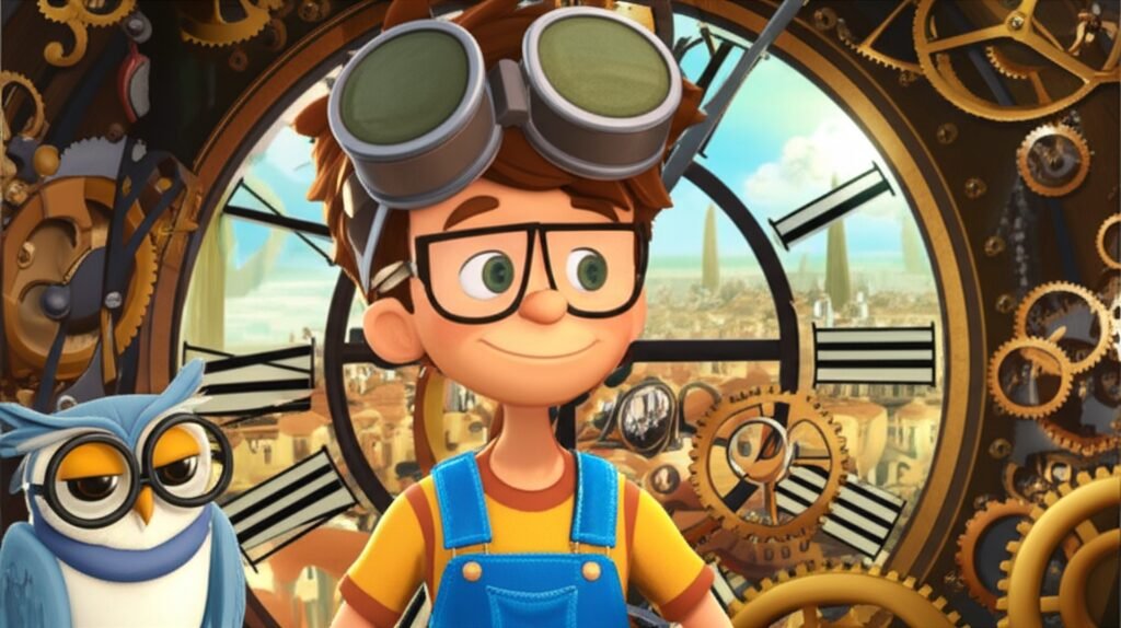 História Infantil sobre Mentira: Ilustração de Leo e Corujito Professor Sabichão na torre do relógio da cidade de Pedra Brilhante, aprendendo sobre a verdade e as consequências das ações.