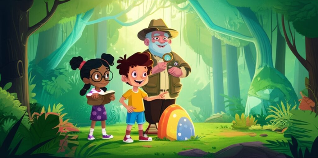 História Infantil sobre Mentira: O Segredo da Pedra Falante. Imagem de Joca, Olívia e o Senhor Sabino na Floresta do Sussurro, com Joca apontando para uma pedra e Olívia curiosa, enquanto o Senhor Sabino sorri, ensinando sobre a honestidade.