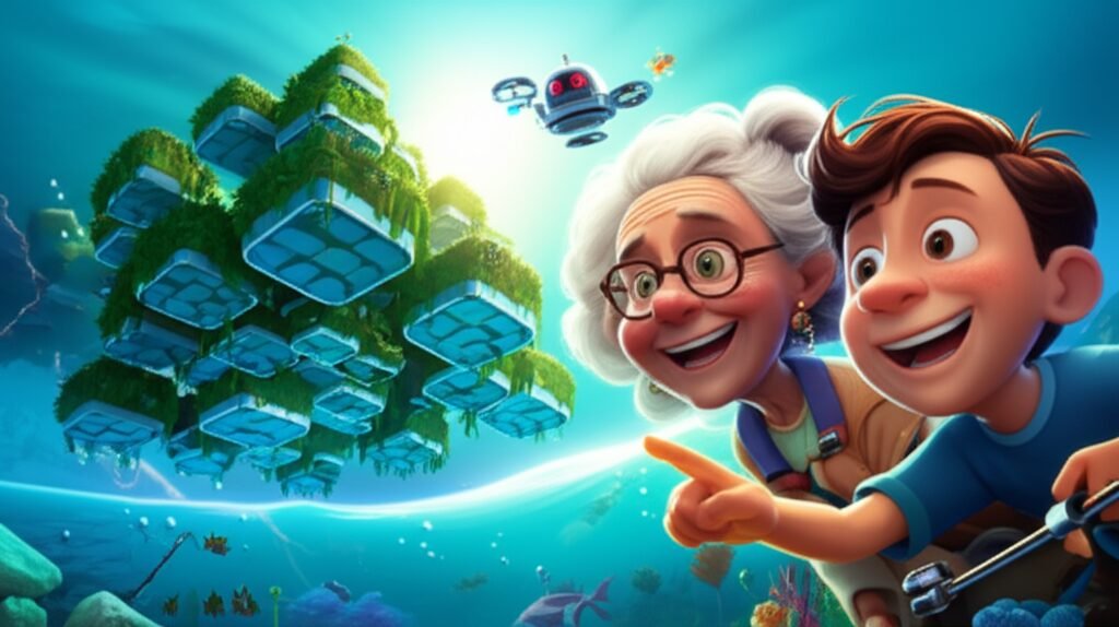 História Infantil sobre Mistério: O Segredo da Cidade Submersa de Águas Vivas, com ilustração de cidade flutuante e personagens principais explorando o mar.