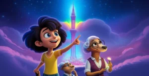 História Infantil sobre Mistério: Imagem colorida de Clarice, Professor Jubileu e Dona Aurora explorando a torre em Aéropolis, sob o brilho do Jardim Secreto Luminoso, ilustrando o título História Infantil sobre Mistério: O Segredo Luminoso de Aéropolis.
