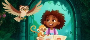 História Infantil: Ilustração detalhada de Caju, Lúcia e Professor Sabichão explorando o observatório, destacando o mistério e a curiosidade do Segredo Luminoso do Observatório Esquecido.