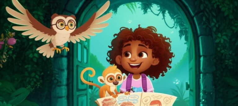 História Infantil: Ilustração detalhada de Caju, Lúcia e Professor Sabichão explorando o observatório, destacando o mistério e a curiosidade do Segredo Luminoso do Observatório Esquecido.