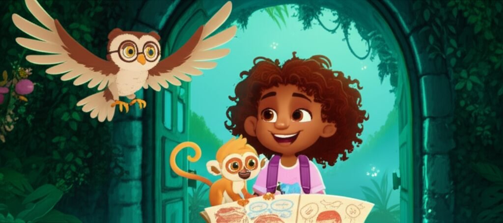 História Infantil: Ilustração detalhada de Caju, Lúcia e Professor Sabichão explorando o observatório, destacando o mistério e a curiosidade do Segredo Luminoso do Observatório Esquecido.