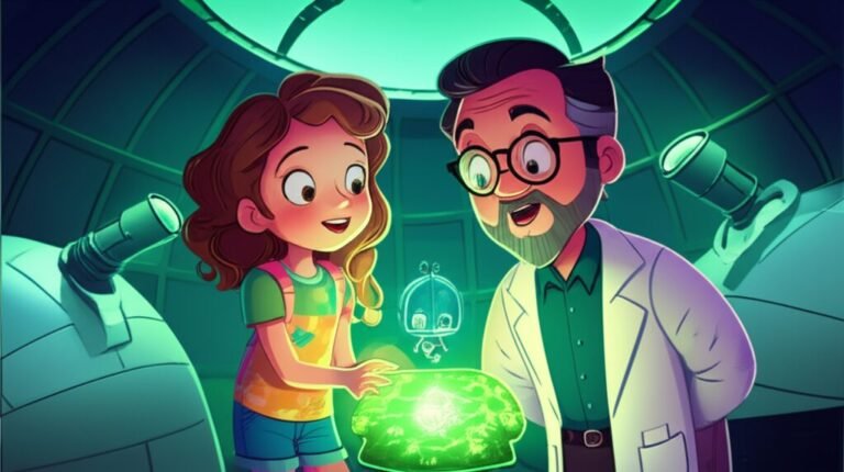 História Infantil sobre Mistério: O Segredo do Observatório Estrelar. Uma imagem vibrante da menina Clara, do Professor Benício e do robô Faísca explorando um misterioso observatório, com um cristal brilhante no centro que projeta um mapa holográfico de árvores.