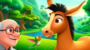 História Infantil sobre Mula com Cabeça: Ilustração de uma mula curiosa com seu amigo passarinho e um inventor em um vale verdejante, destacando a inteligência e a amizade.