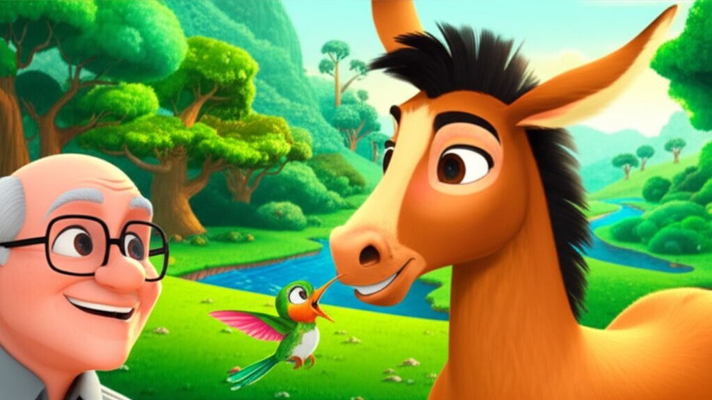 História Infantil sobre Mula com Cabeça: Ilustração de uma mula curiosa com seu amigo passarinho e um inventor em um vale verdejante, destacando a inteligência e a amizade.