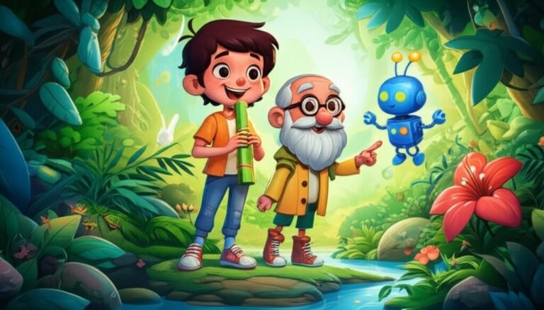 História Infantil sobre Música: Léo, Professor Astrogildo e o robô Bip explorando a Floresta Ecoante e descobrindo seus sons naturais, ilustrando o título O Segredo da Floresta Ecoante de Léo.