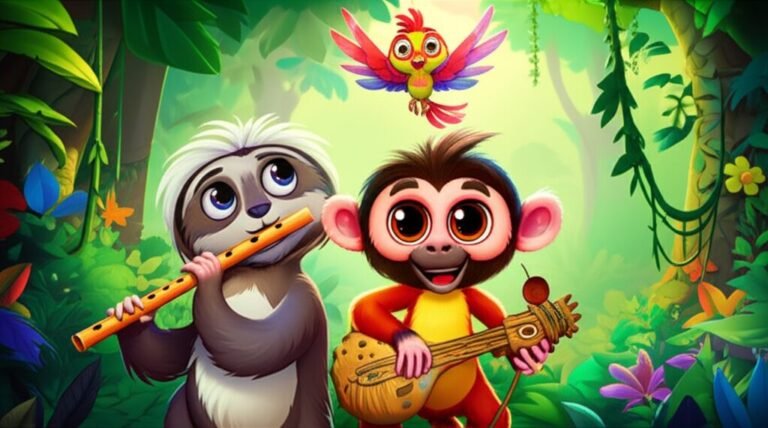História Infantil: Ilustração dos personagens Caco, Léo e Pipoca, um sagui inventor, uma preguiça flautista e uma passarinha, tocando instrumentos no Vale Sonoro.