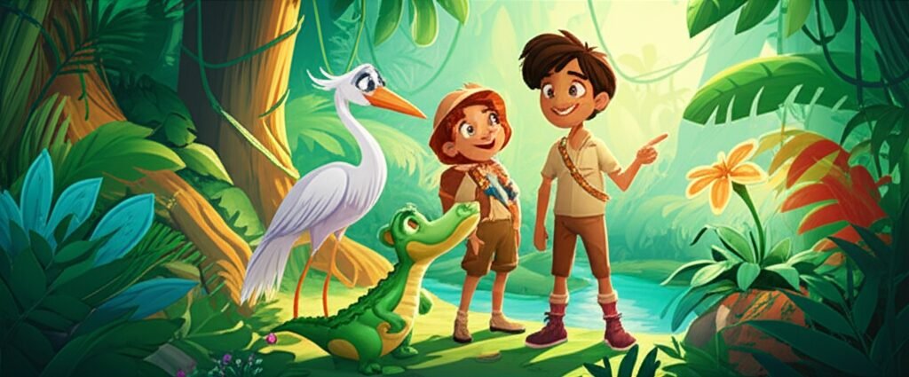 História Infantil sobre não bater. Imagem de Bento, a garça Flora e o jacaré Juba em uma floresta tropical, simbolizando amizade e a lição de gentileza e respeito.