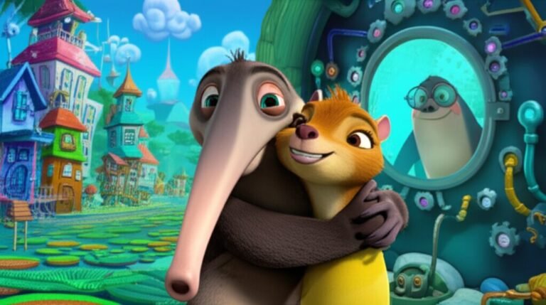 História Infantil: Uma ilustração colorida com um tamanduá e uma capivara se abraçando, com uma baleia cientista ao fundo, representando a história sobre comunicação e amizade.