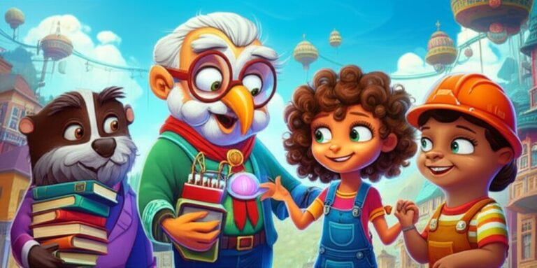 Ilustração de História Infantil sobre não bater, A Sinfonia Gentil do Bairro das Invenções, mostrando Professor Astrogildo, uma coruja inventor, Lina, uma menina curiosa, e o robô Tonico, junto a um texugo e uma lontra que fazem as pazes, em um cenário de cidade futurista com casas flutuantes.