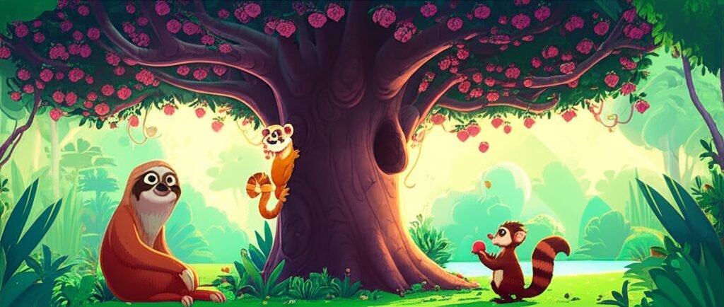 História Infantil: Uma ilustração vibrante mostrando o sagui Cícero, a preguiça Dona Jurema e o quati Quinzinho perto de uma jabuticabeira, representando a aventura de O Segredo da Jabuticabeira na Floresta Viva.