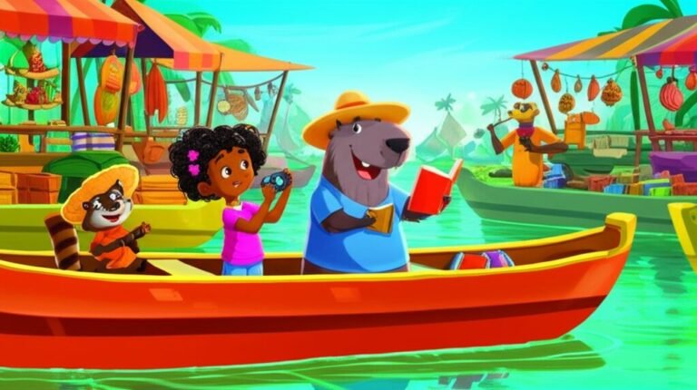 História Infantil sobre Não Roubar: Imagem de Beto, a Capivara, Lila, a menina, e Kiko, o Quati, no Mercado Fluvial das Águas Cintilantes, com um ambiente alegre e cheio de cores.