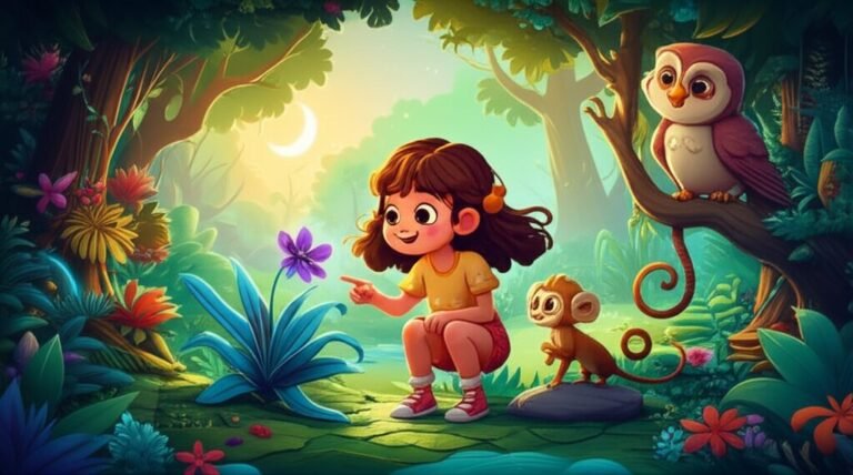 Uma ilustração da História Infantil O Segredo da Orquídea da Lua Crescente, com a menina Vitória, o mico-estrela Caju e a Coruja Olívia em uma floresta exuberante.
